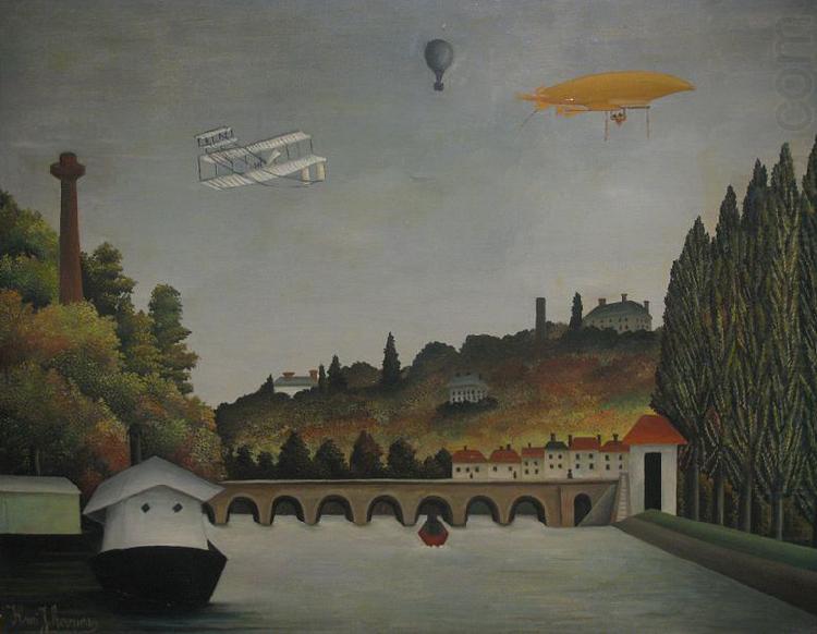 View of the Pont Sevres and the Hills of Clamart, Saint-Cloud, and Bellevue with Biplane, Ballon and Dirigible By Henri Rousseau, Henri Rousseau